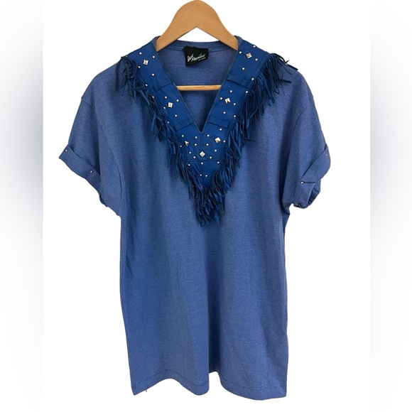 VTG Rare Xperiance Tony Ward Blue Fringe Studded Western Shirt Made In USA Sz L - Picture 1 of 10